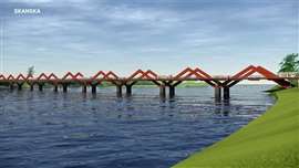 Digital render of the wooden Karlgårdsbron bridge over the Skellefte River in Skellefteå, Sweden